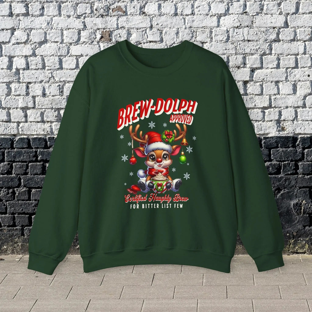Brew-Dolph Christmas Sweatshirt — Cute Reindeer Holiday Crewneck (Gingerbread & Cocoa) Printify