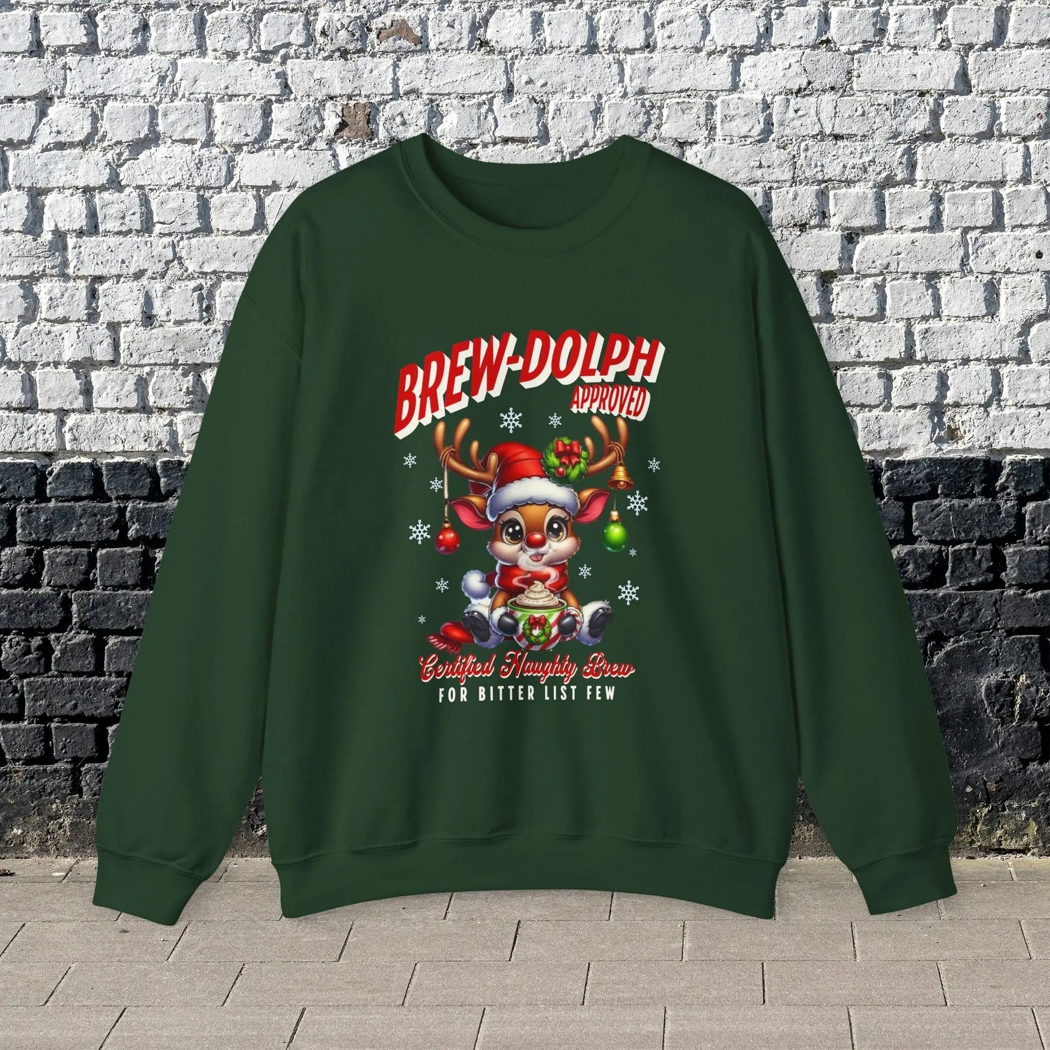 Brew-Dolph Christmas Sweatshirt — Cute Reindeer Holiday Crewneck (Gingerbread & Cocoa) Printify