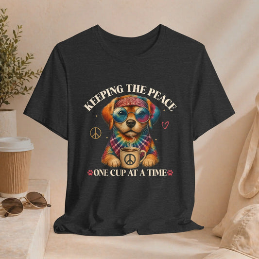 Keeping the Peace Puppy T‑Shirt — "One Cup at a Time" Coffee & Peace Dog Tee Printify