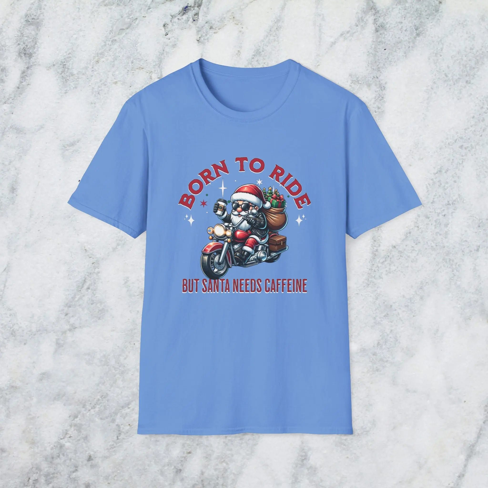 Santa Riding Motorcycle T-Shirt — "Born to Ride but Santa Needs Caffeine" Holiday Tee Printify