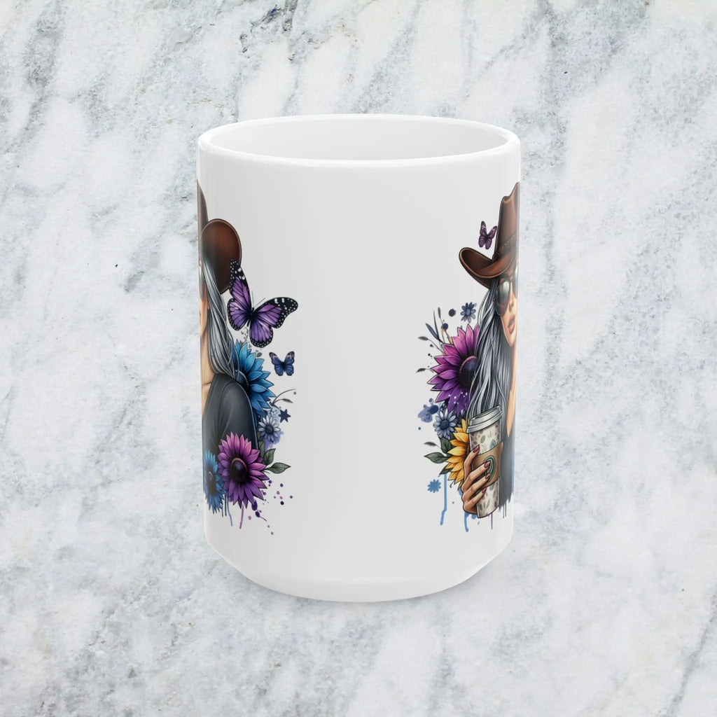 Cowgirl Sunflowers & Butterflies 15oz Ceramic Mug — Cowgirl Drinking Coffee Design Printify