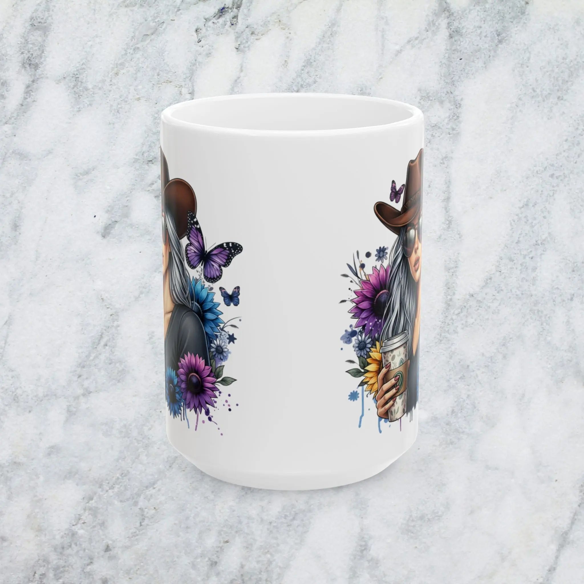 Cowgirl Sunflowers & Butterflies 15oz Ceramic Mug — Cowgirl Drinking Coffee Design Printify