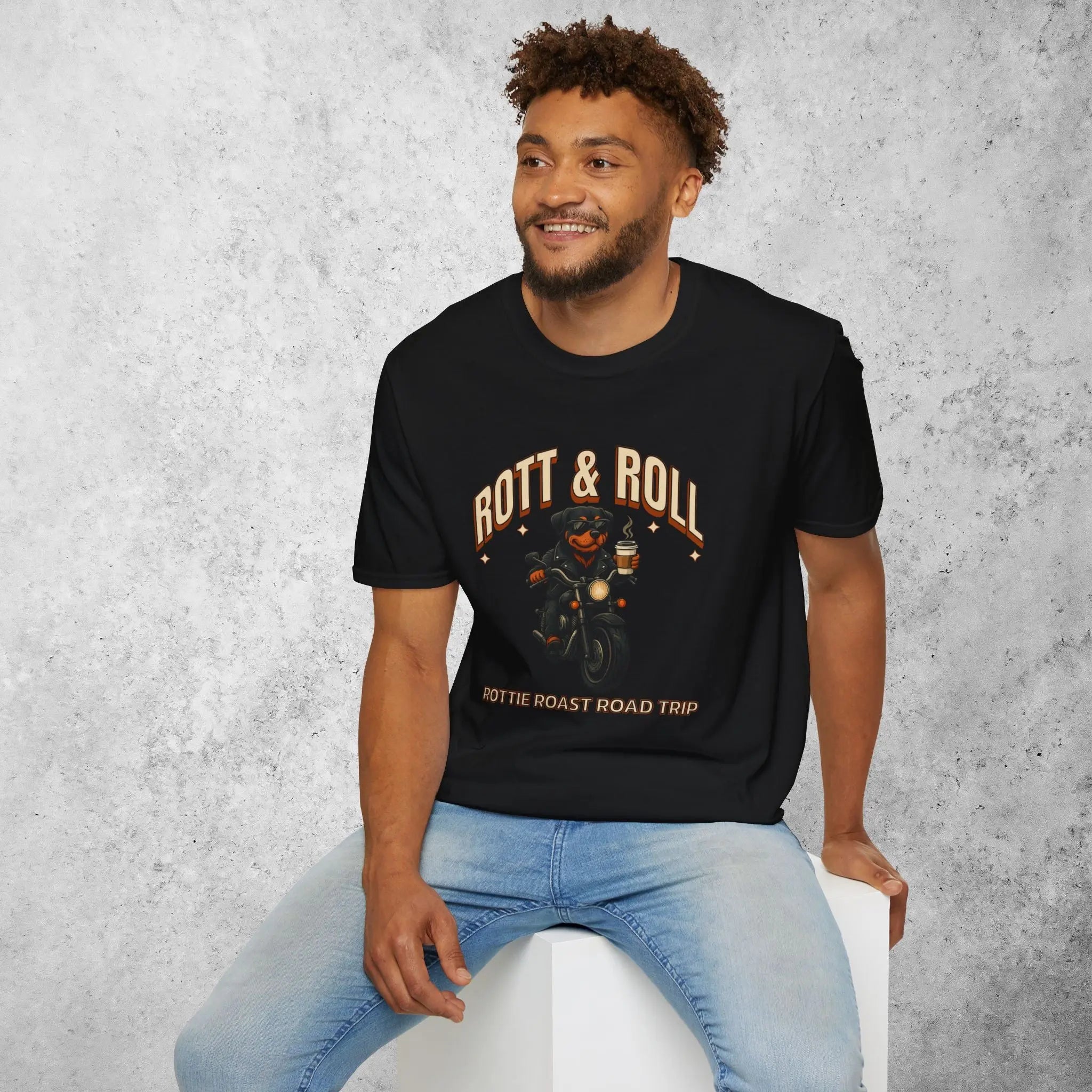 Rott & Roll T-Shirt — 'Rottie Roast Road Trip' Motorcycle Dog Graphic Tee Printify
