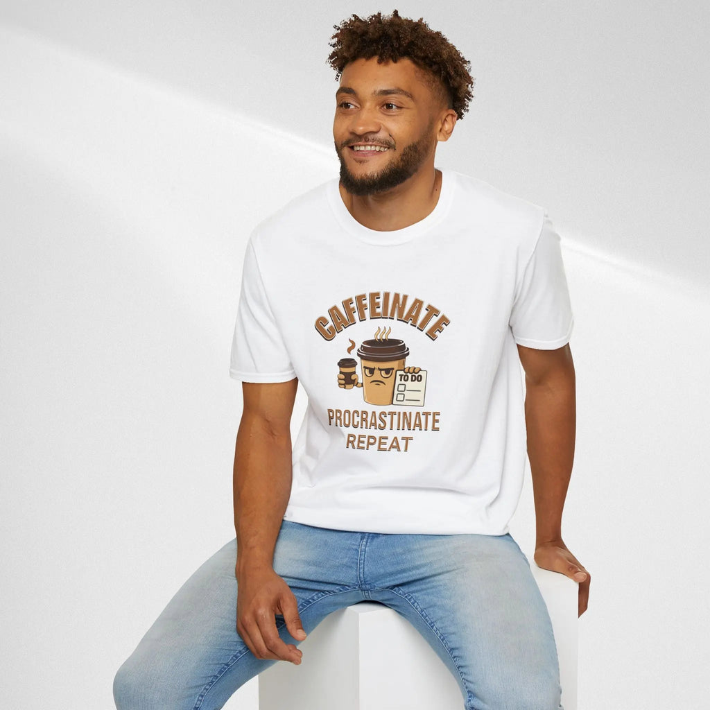 Caffeinate Procrastinate Repeat T-Shirt — Funny Coffee Lover Tee Printify