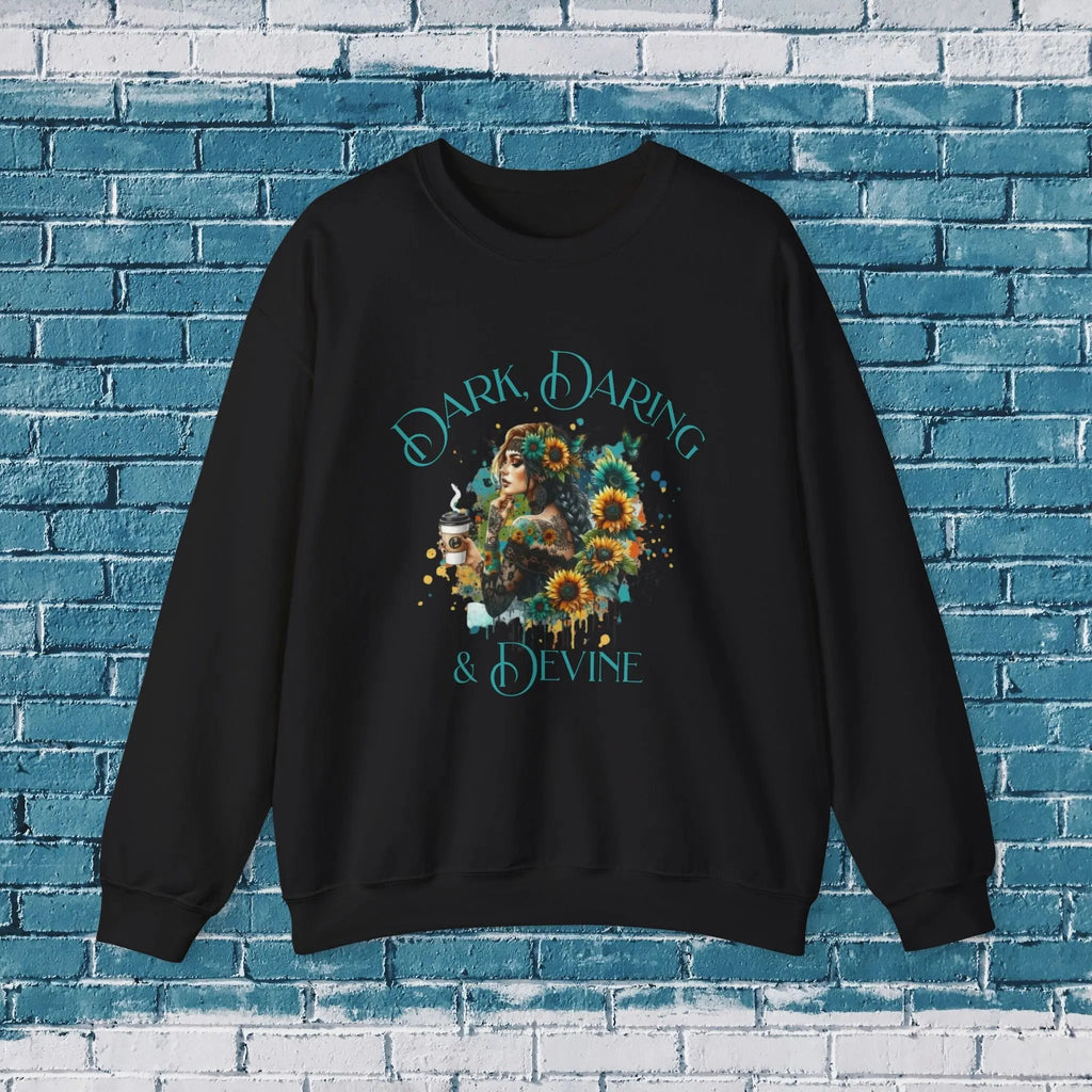Divine Sweatshirt - Woman Sunflower Coffee Design, Cozy Casual Wear, Thoughtful Gift, Autumn Style, Floral Design - Boldly Bitter Company