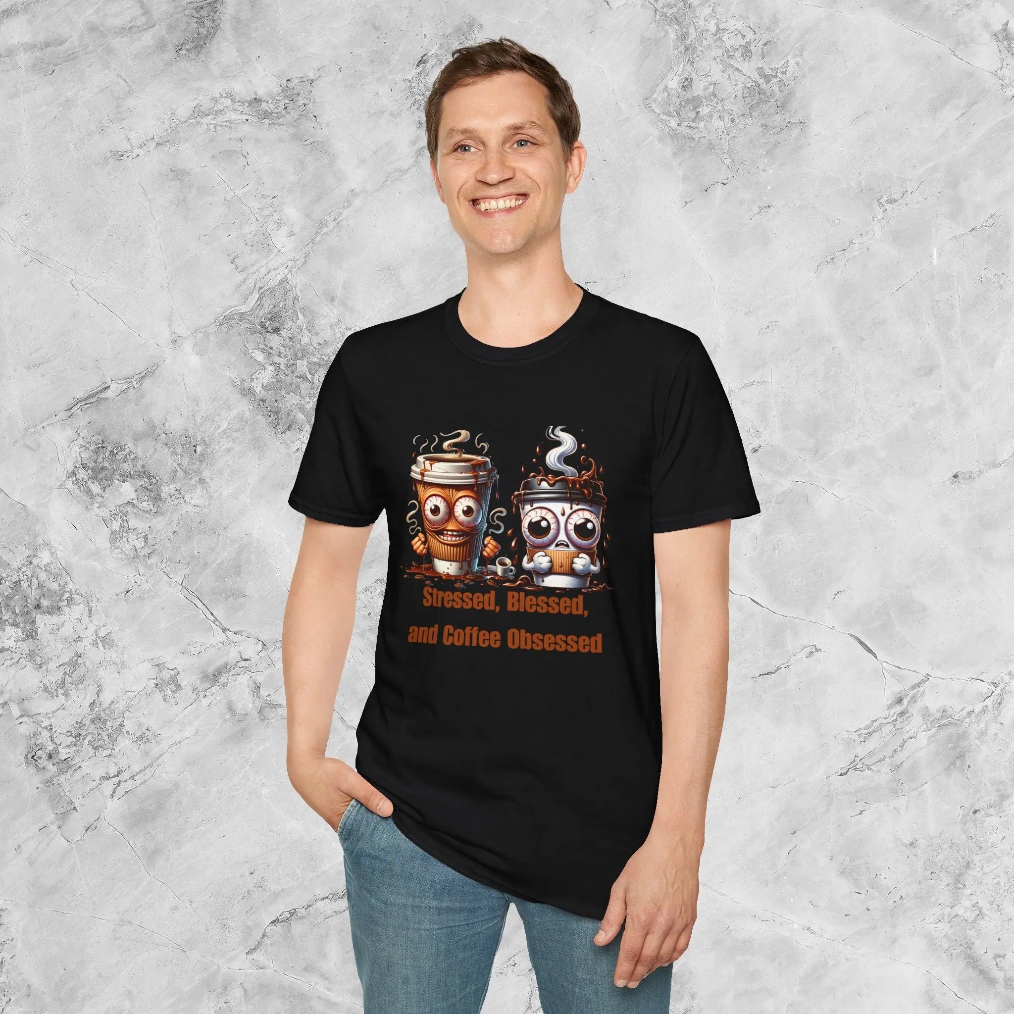 Stressed Blessed and Coffee Obsessed Shirt – Funny Coffee Lover T-Shirt, Caffeine Addict Tee, Cute Coffee Gift for Him Printify