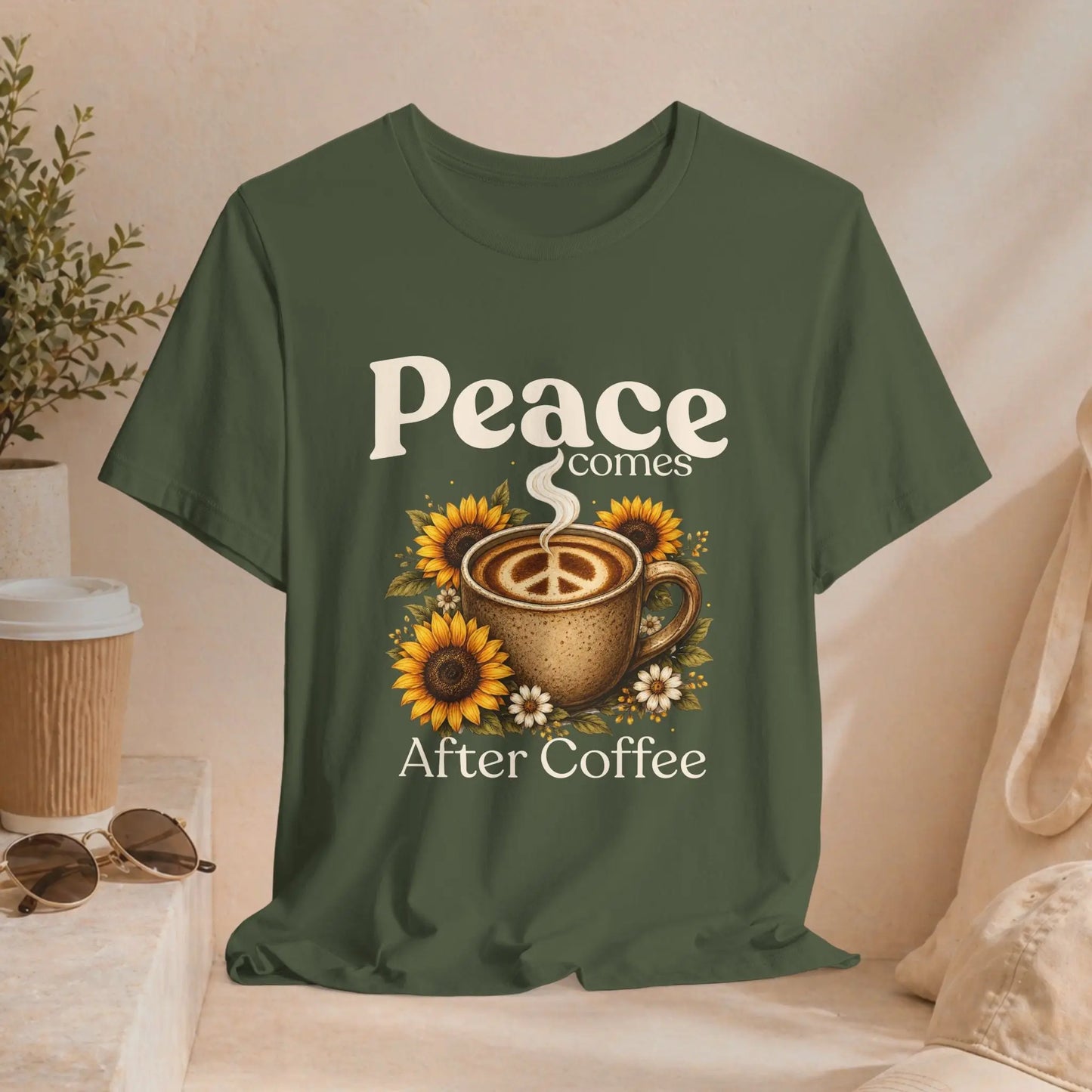 Peace Comes After Coffee Tee — Sunflower Coffee Lover T-Shirt Printify