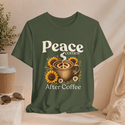 Peace Comes After Coffee Tee — Sunflower Coffee Lover T-Shirt Printify