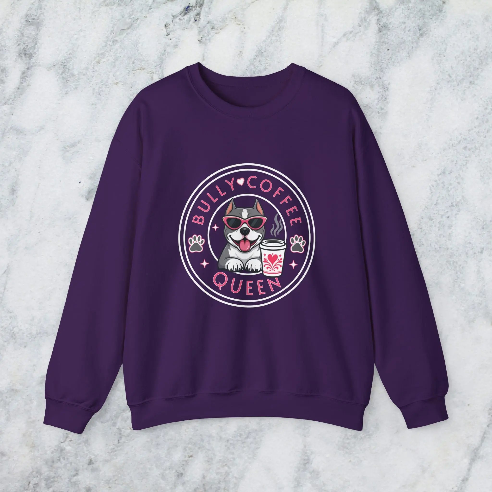 Bully Coffee Queen Sweatshirt — Pitbull with Pink Sunglasses & Coffee Graphic Printify