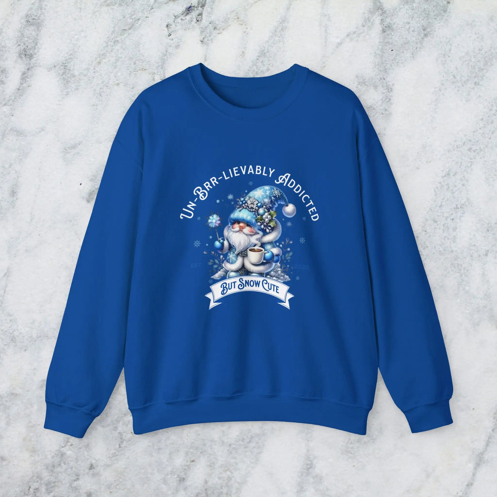 Unbrr-lievalby Addicted Sweatshirt - cute gnome with magic wand holding coffee winter shirt Printify