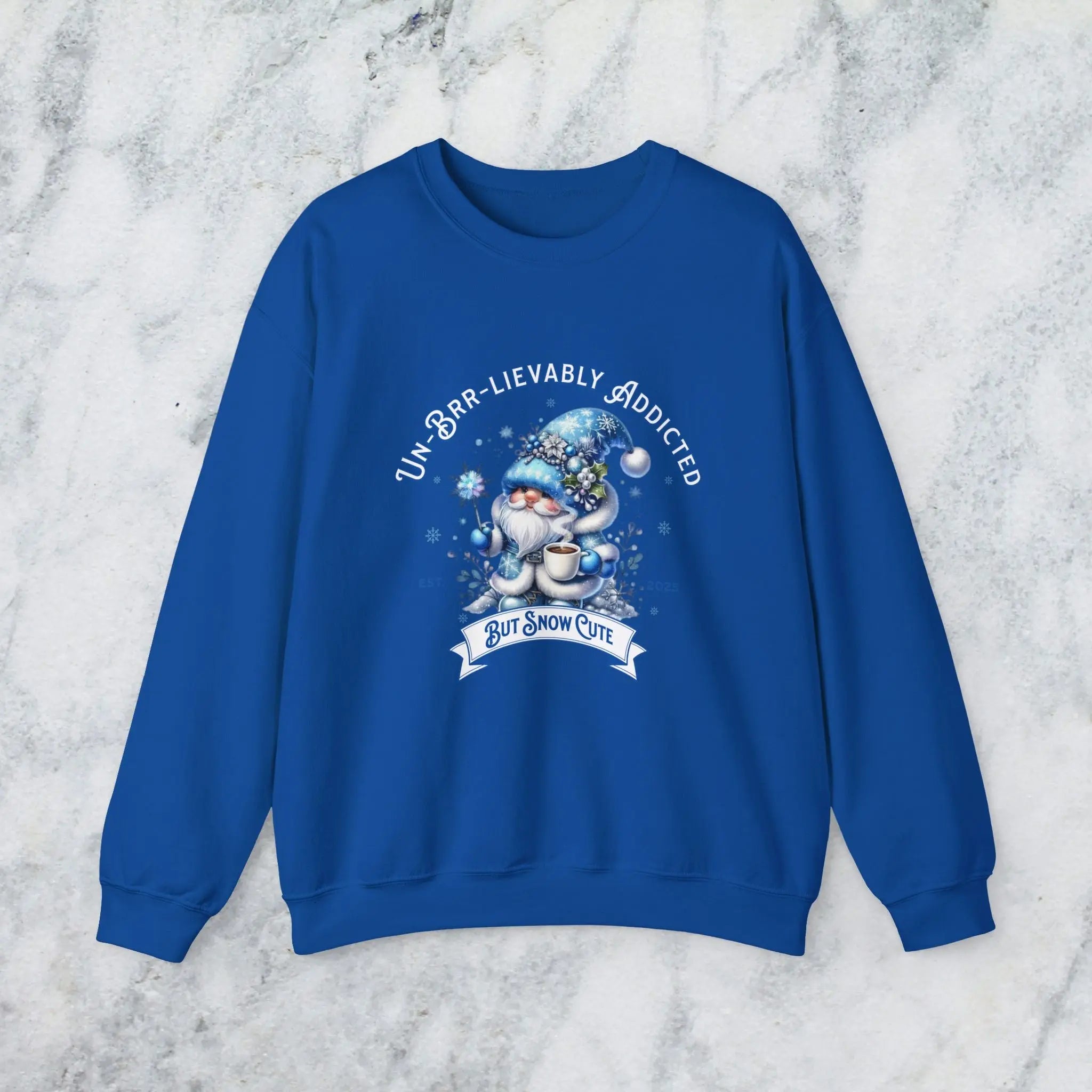 Unbrr-lievalby Addicted Sweatshirt - cute gnome with magic wand holding coffee winter shirt Printify