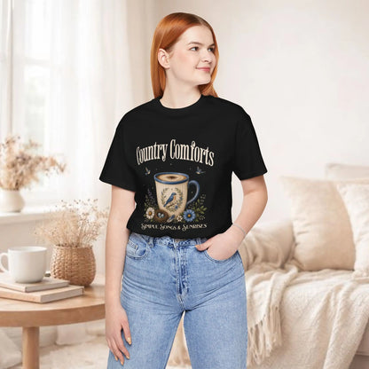 Country Comforts Tee — 'Simple Song & Sunrises' Coffee Mug Bird Floral Graphic T‑Shirt Printify