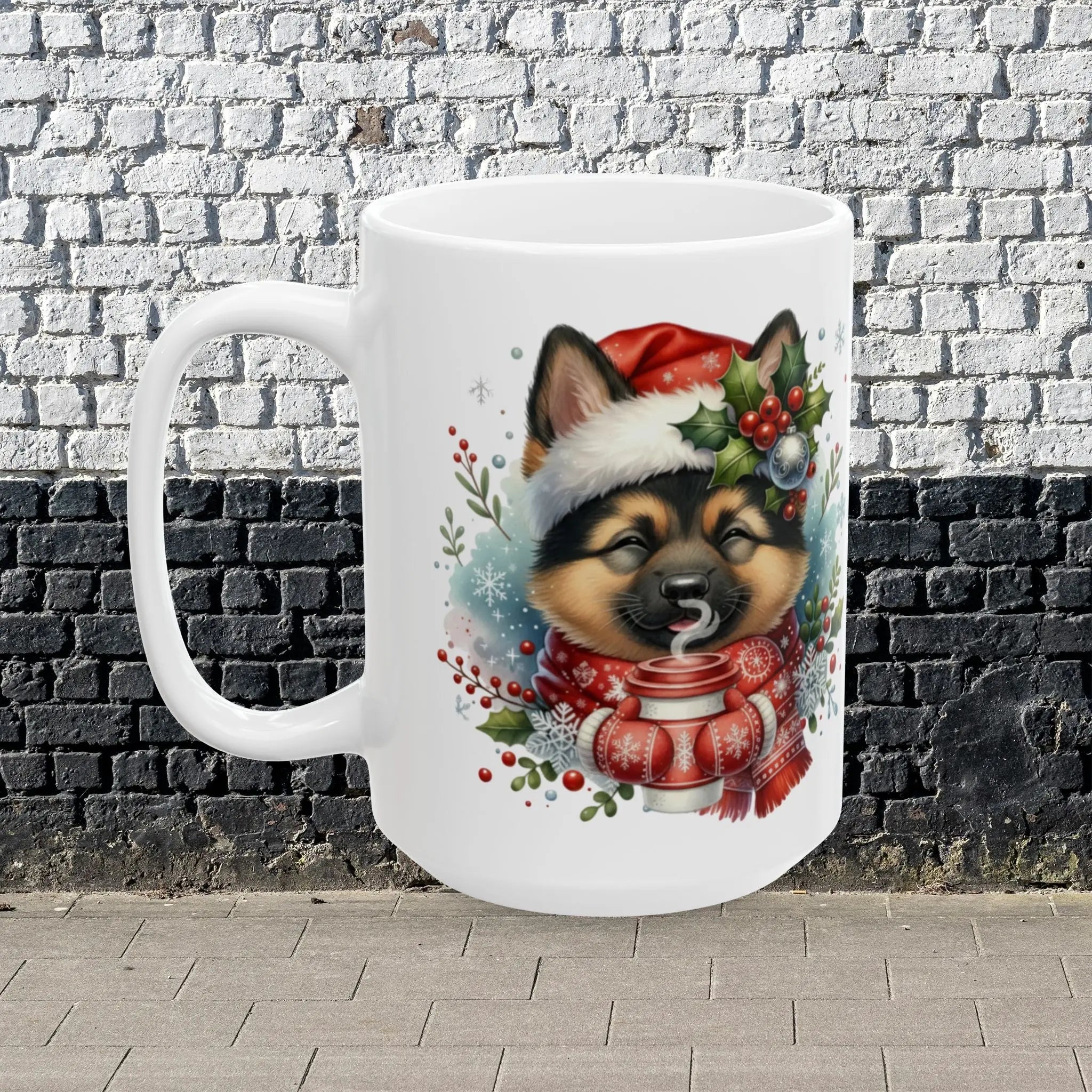 German Shepherd Puppy Christmas Mug — Cute Santa Hat Dog Coffee Ceramic Mug (11oz/15oz) Printify