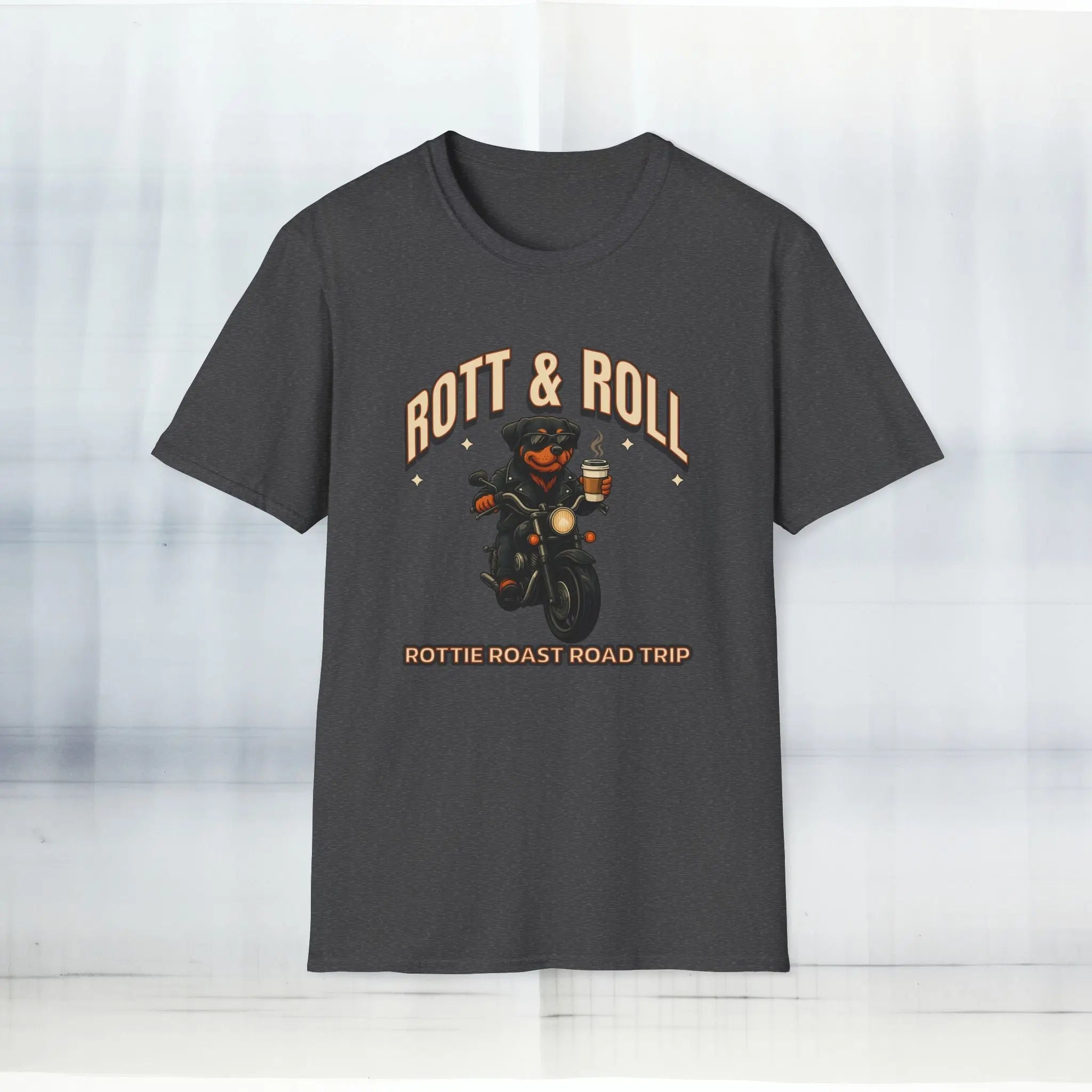 Rott & Roll T-Shirt — 'Rottie Roast Road Trip' Motorcycle Dog Graphic Tee Printify