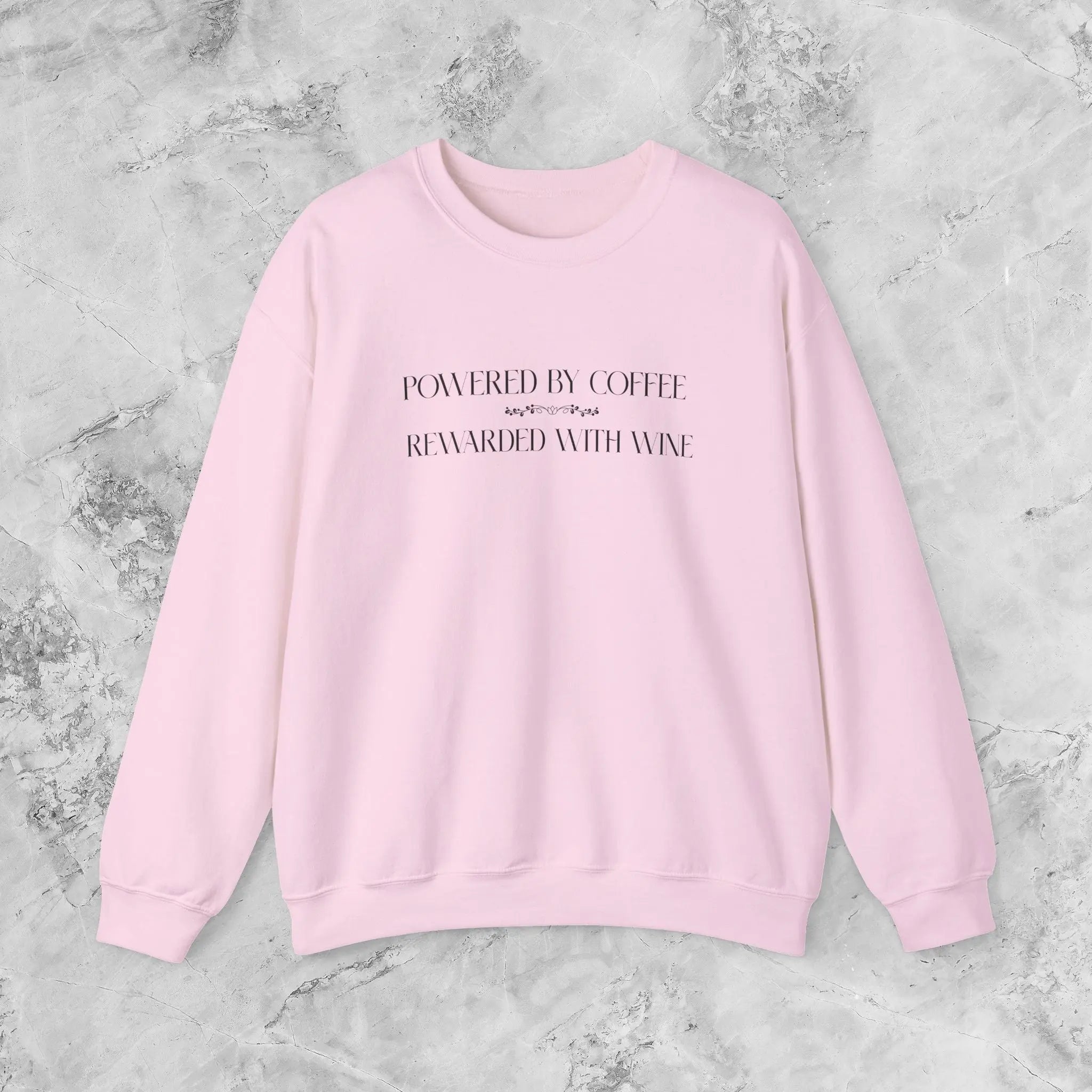 "Powered by Coffee, Rewarded with Wine" Crewneck Sweatshirt — Cozy Casual Coffee & Wine Lover Pullover Printify