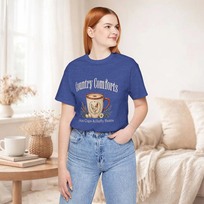 Country Comforts Tee – "Hot Cups & Fluffy Butts" Rustic Farmhouse Coffee Shirt Printify