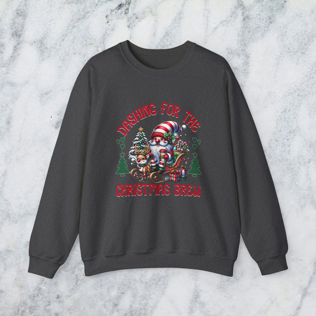 Dashing for the Brew Sweatshirt - Cute Christmas Santa in sleigh with toys and coffee Printify
