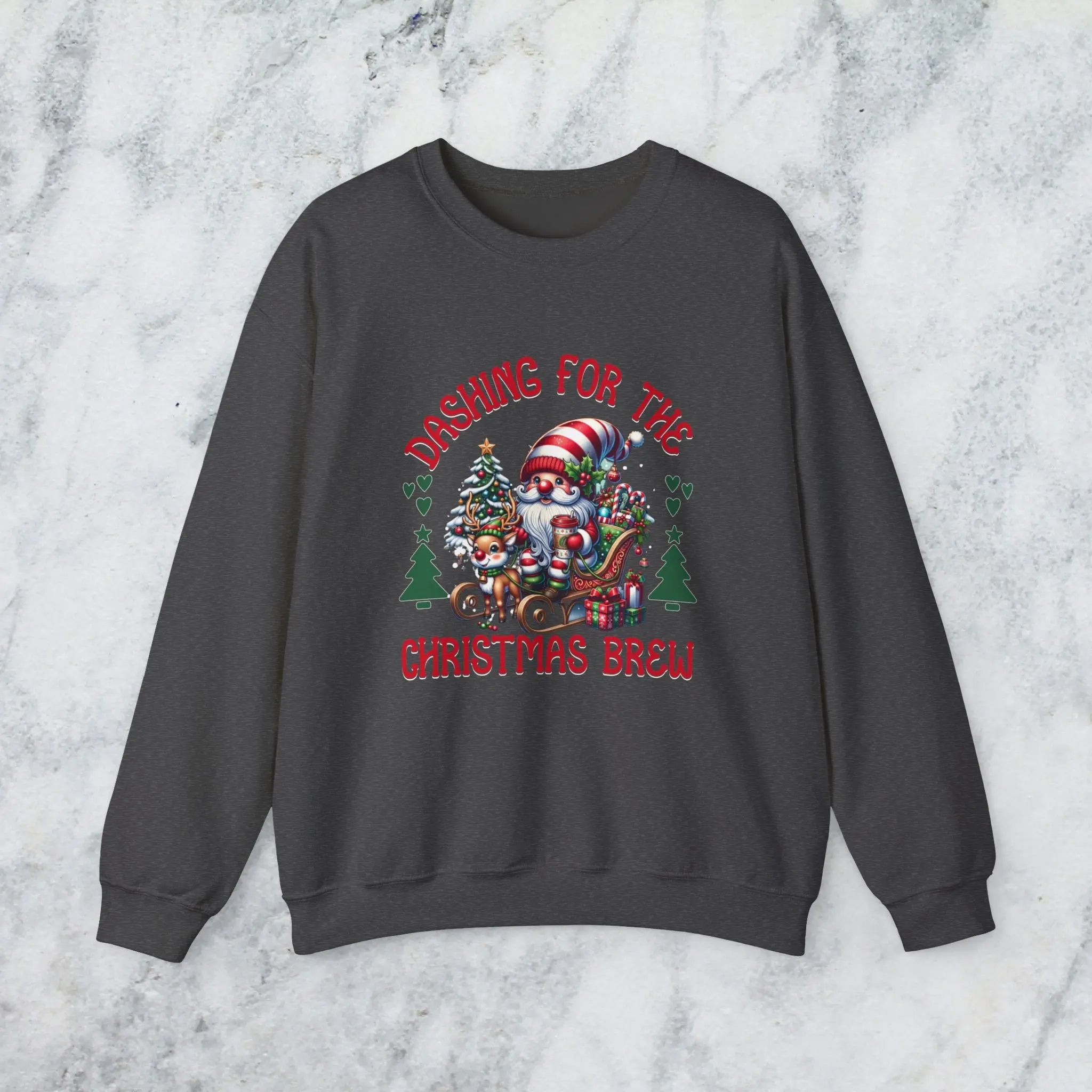Dashing for the Brew Sweatshirt - Cute Christmas Santa in sleigh with toys and coffee Printify