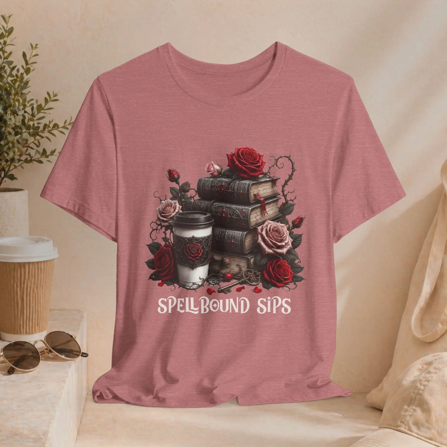 Spellbound Sips Tee - Gothic Book & Coffee Shirt Printify