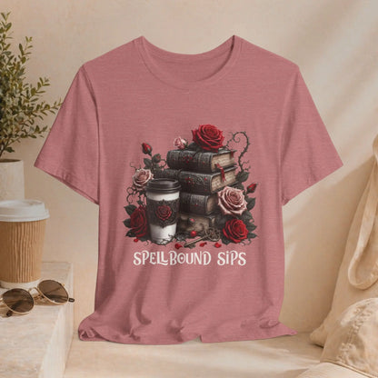 Spellbound Sips Tee - Gothic Book & Coffee Shirt Printify