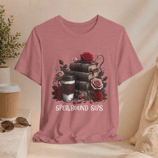 Spellbound Sips Tee - Gothic Book & Coffee Shirt Printify