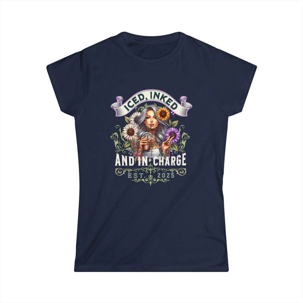 Iced, Inked, In Charge T-Shirt – Tattooed Woman with Iced Coffee & Sunflowers Printify