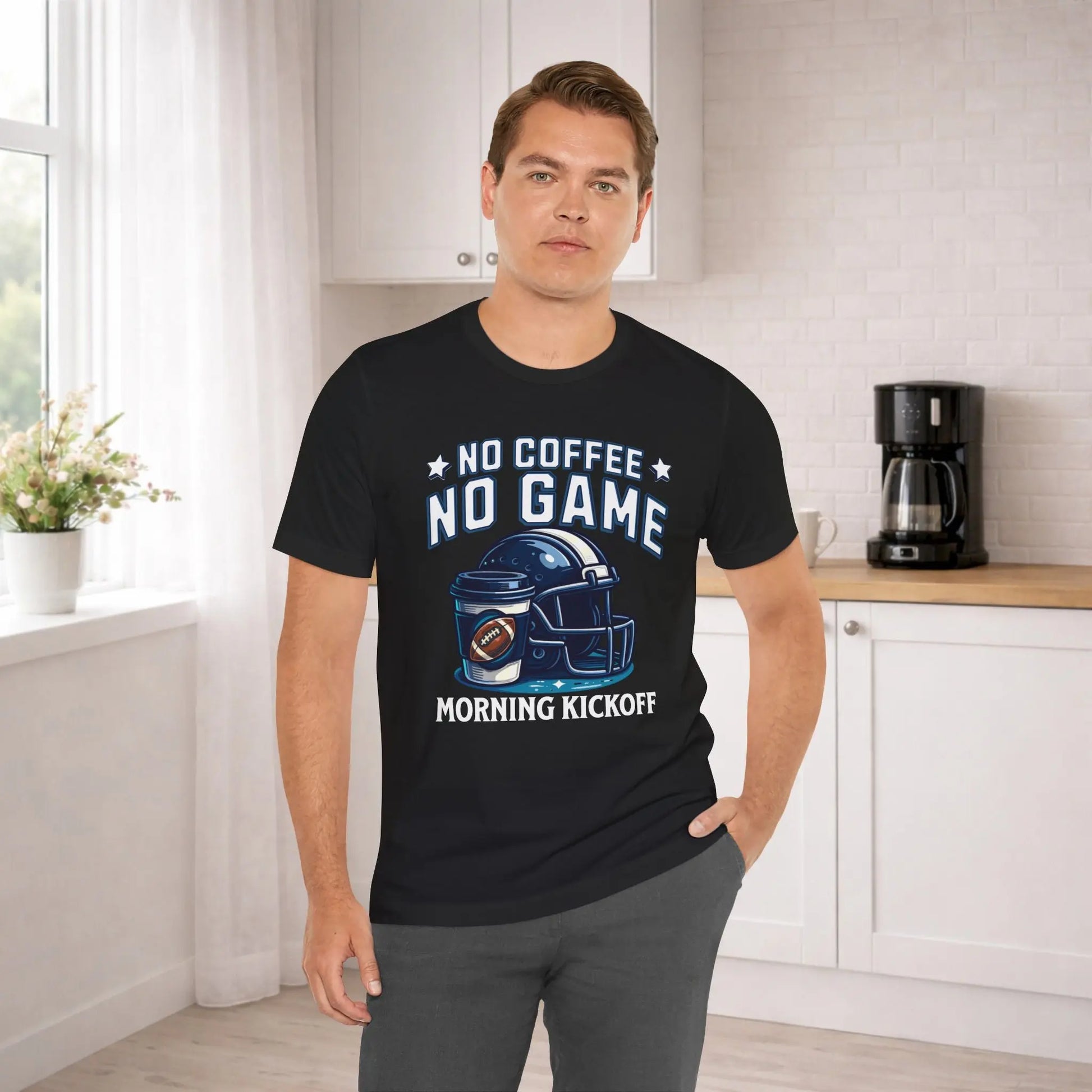 No Coffee No Game Football Tee — "Morning Kickoff" Helmet Graphic Shirt Printify
