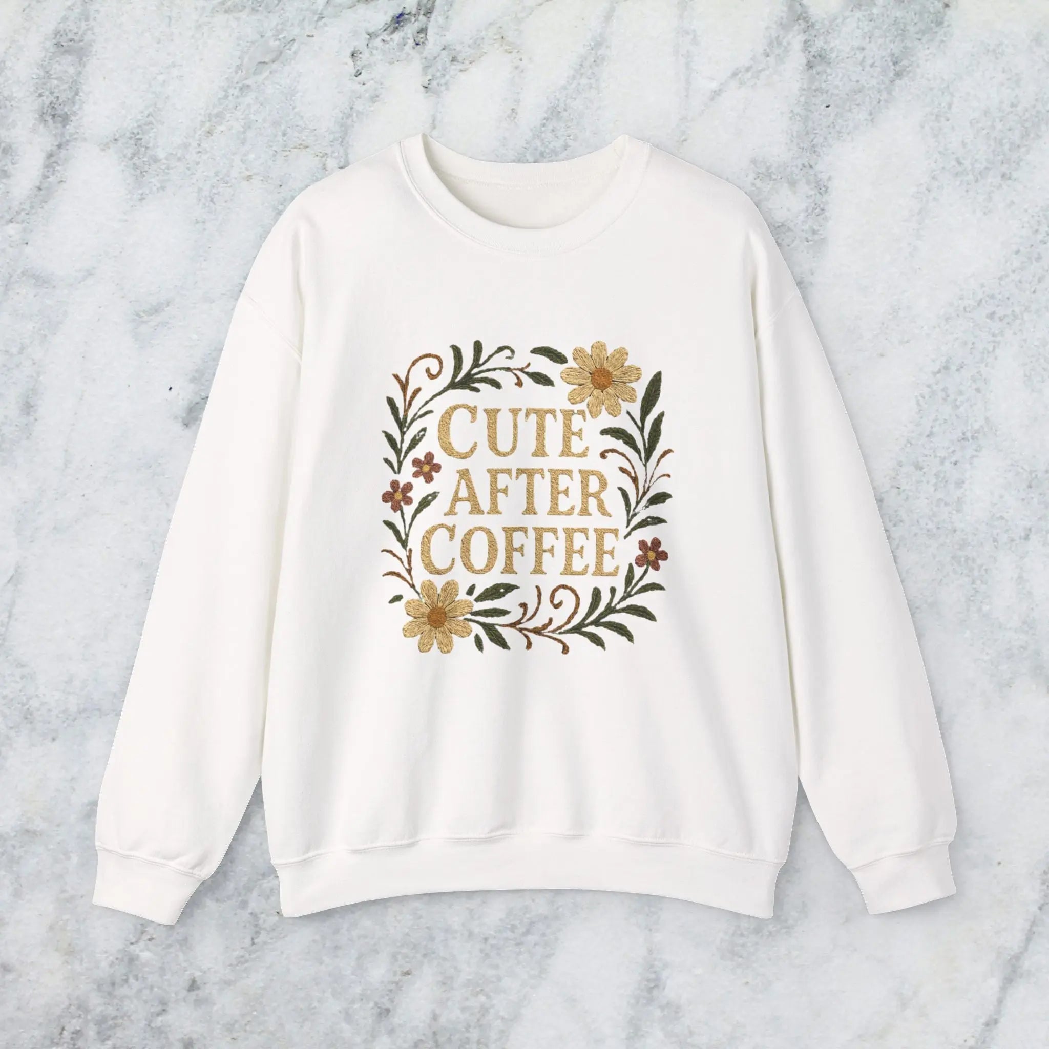 Cute After Coffee Floral Sweatshirt — Faux Embroidery Crewneck - Boldly Bitter Company