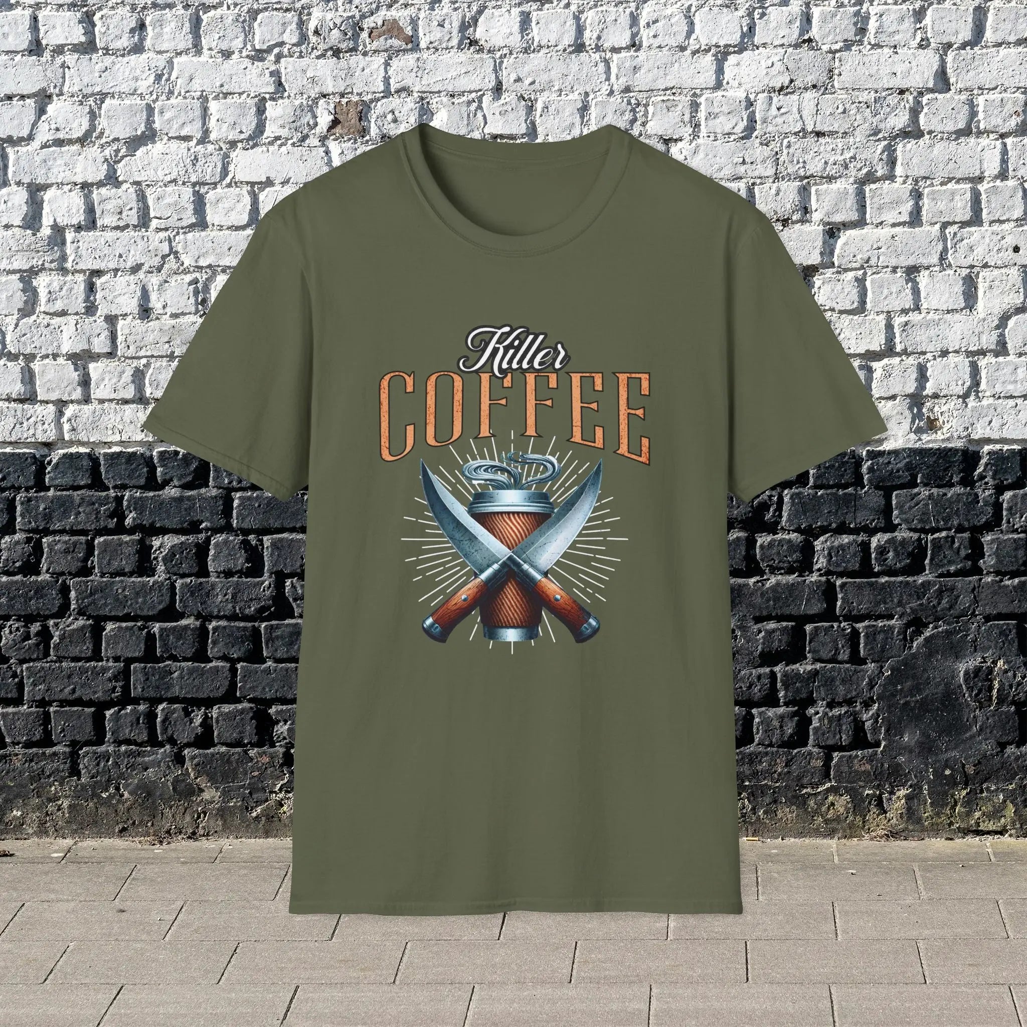 Killer Coffee T-Shirt — Crossed Knives & To-Go Cup Graphic Printify