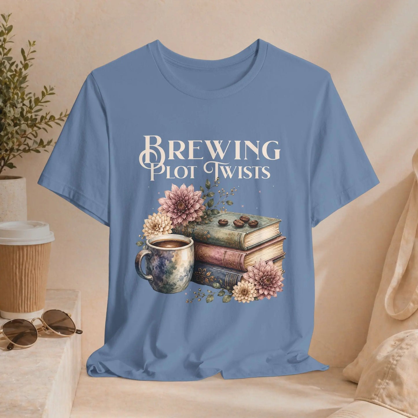 Brewing Plot Twists T‑Shirt — Coffee & Books Literary Tee Printify