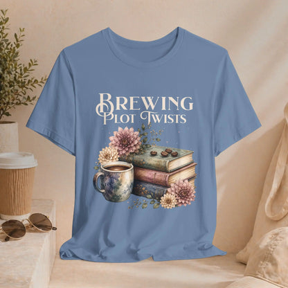 Brewing Plot Twists T‑Shirt — Coffee & Books Literary Tee Printify