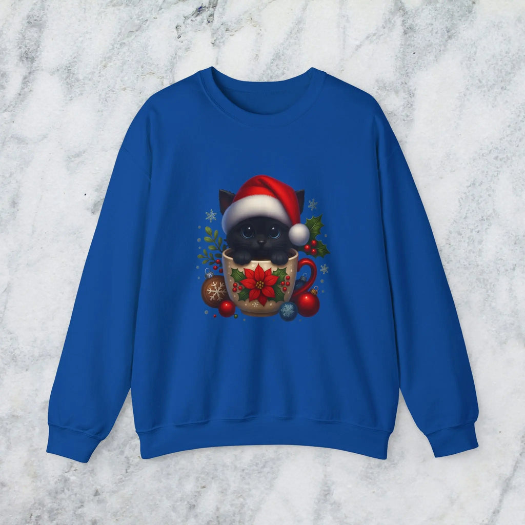 Christmas Kitten Coffee Cup Sweatshirt — Cute Black Cat in Santa Hat Holiday Crewneck Printify