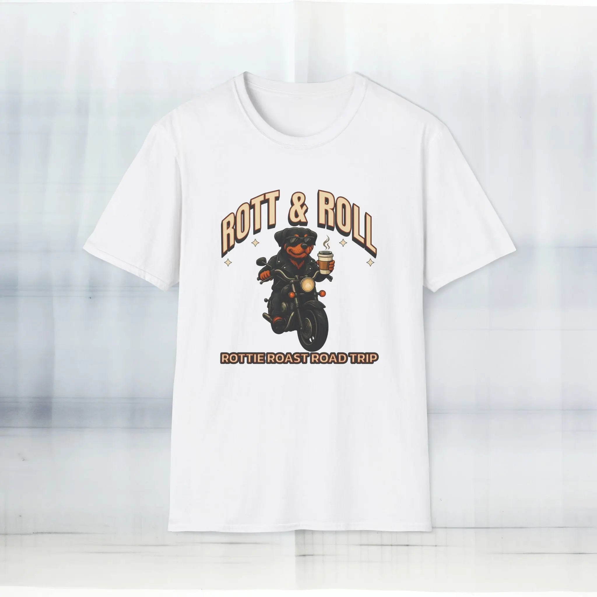 Rott & Roll T-Shirt — 'Rottie Roast Road Trip' Motorcycle Dog Graphic Tee Printify