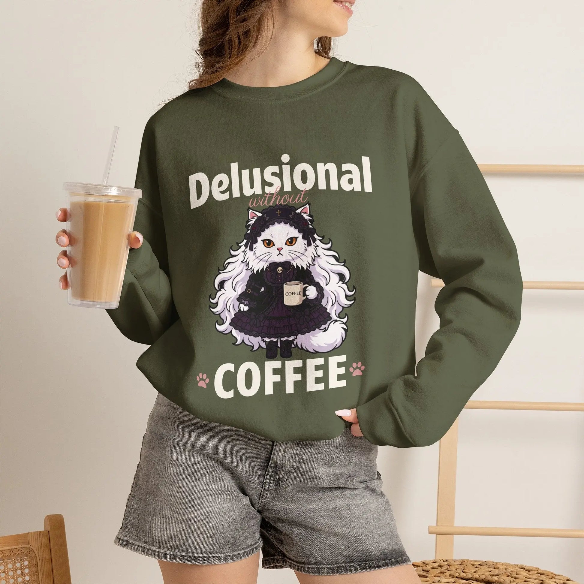 Delusional Without Coffee Sweatshirt Printify