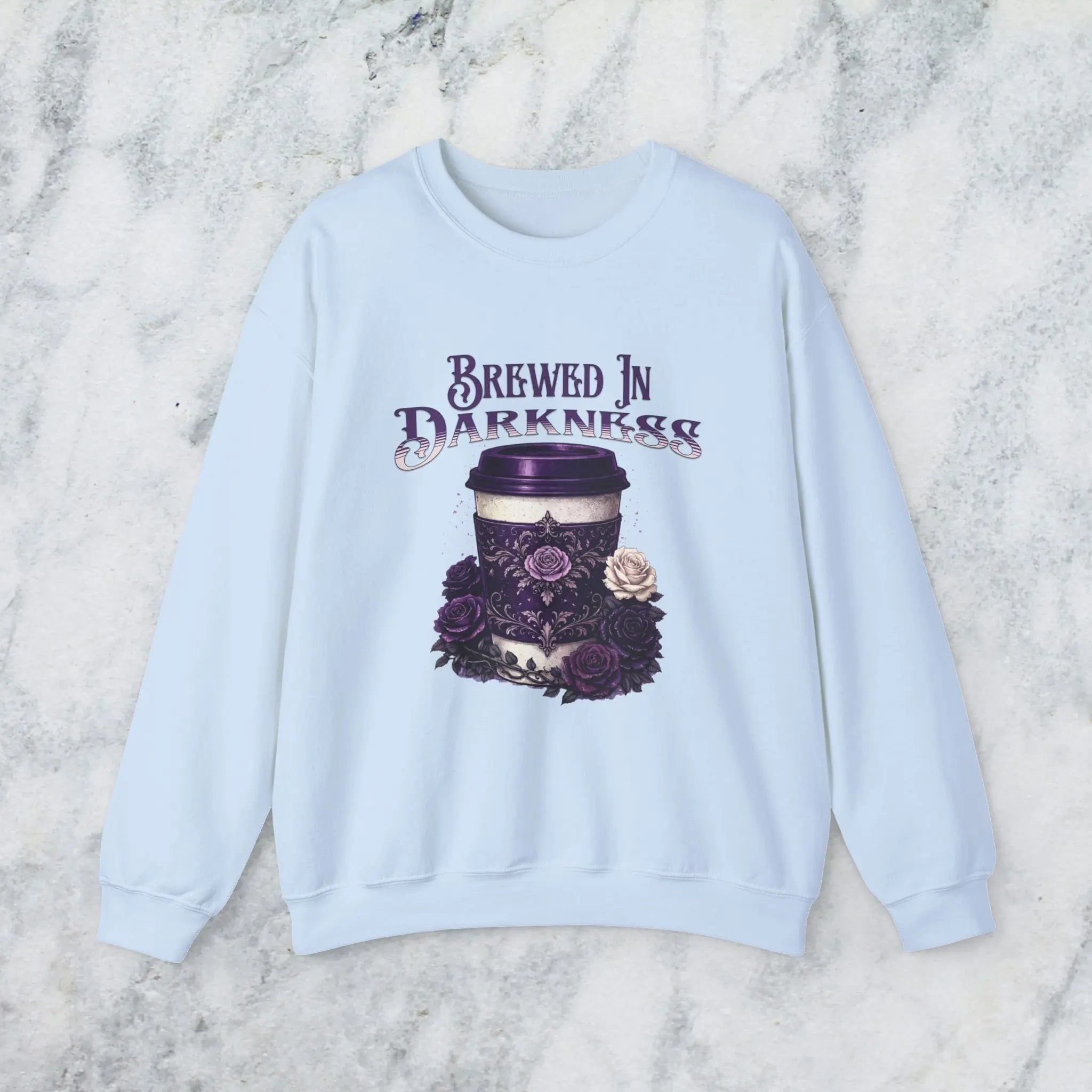 Brewed in Darkness Sweatshirt — Gothic Coffee Cup Graphic Printify