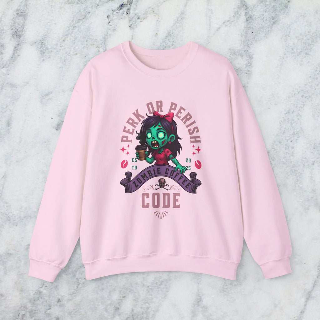 Perk or Perish Zombie Sweatshirt - Cute zombie coffee graphic tee - Boldly Bitter Company