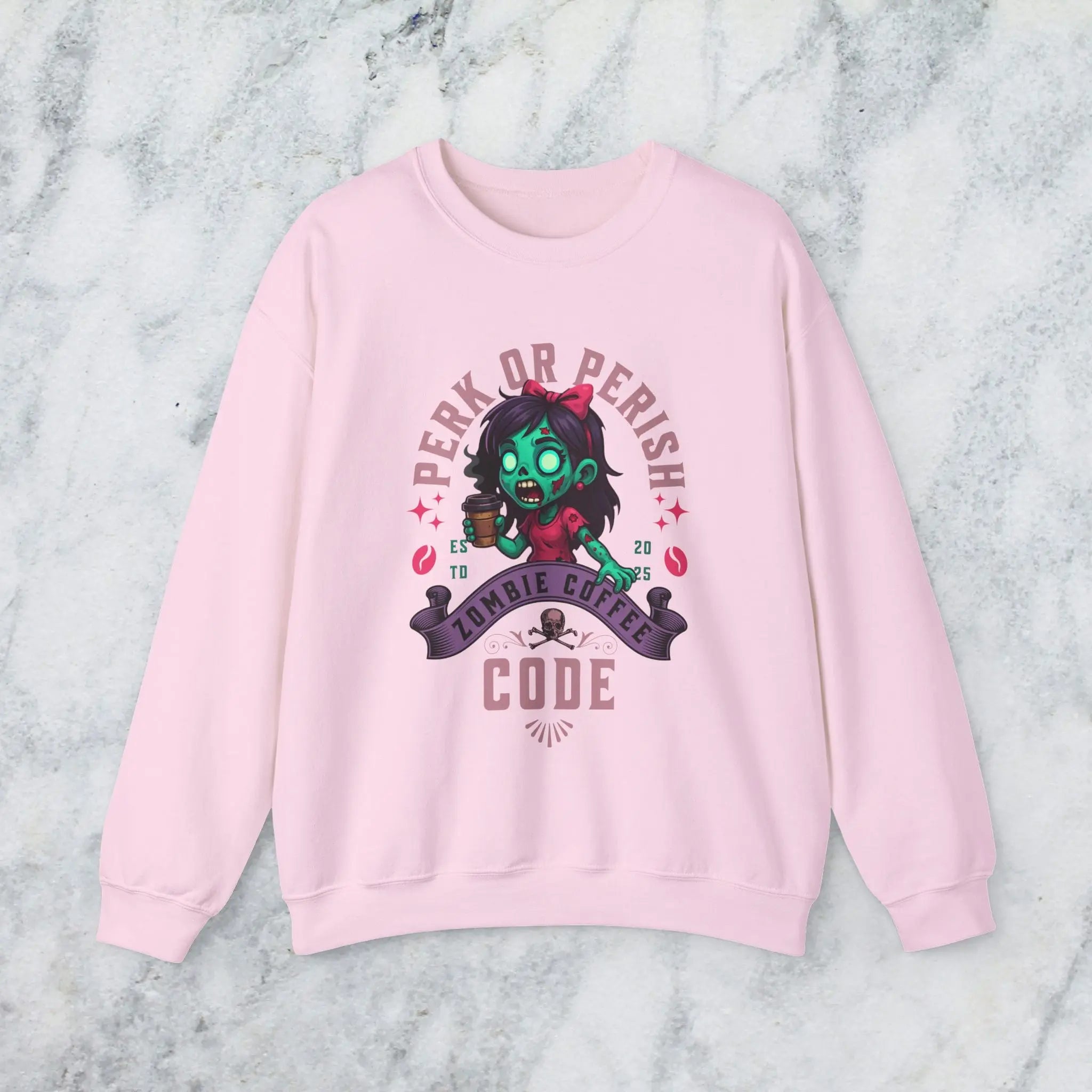 Perk or Perish Zombie Sweatshirt - Cute zombie coffee graphic tee - Boldly Bitter Company