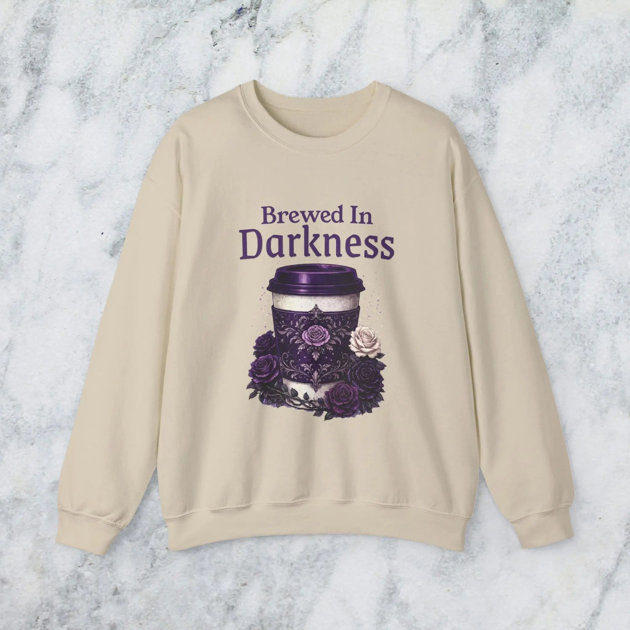 Brewed in Darkness Sweatshirt — Gothic Coffee Cup Graphic Printify