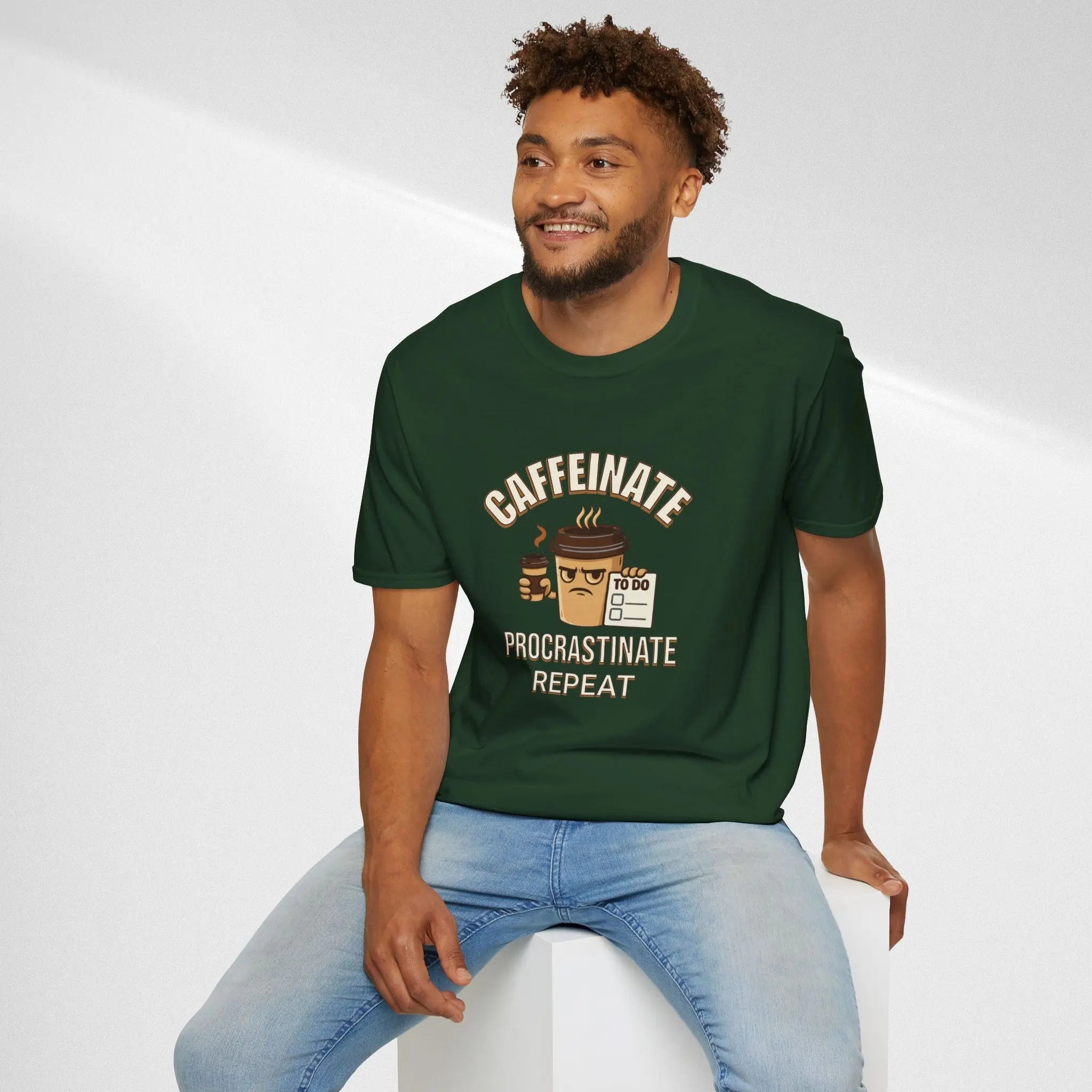 Caffeinate Procrastinate Repeat T-Shirt — Funny Coffee Lover Tee Printify