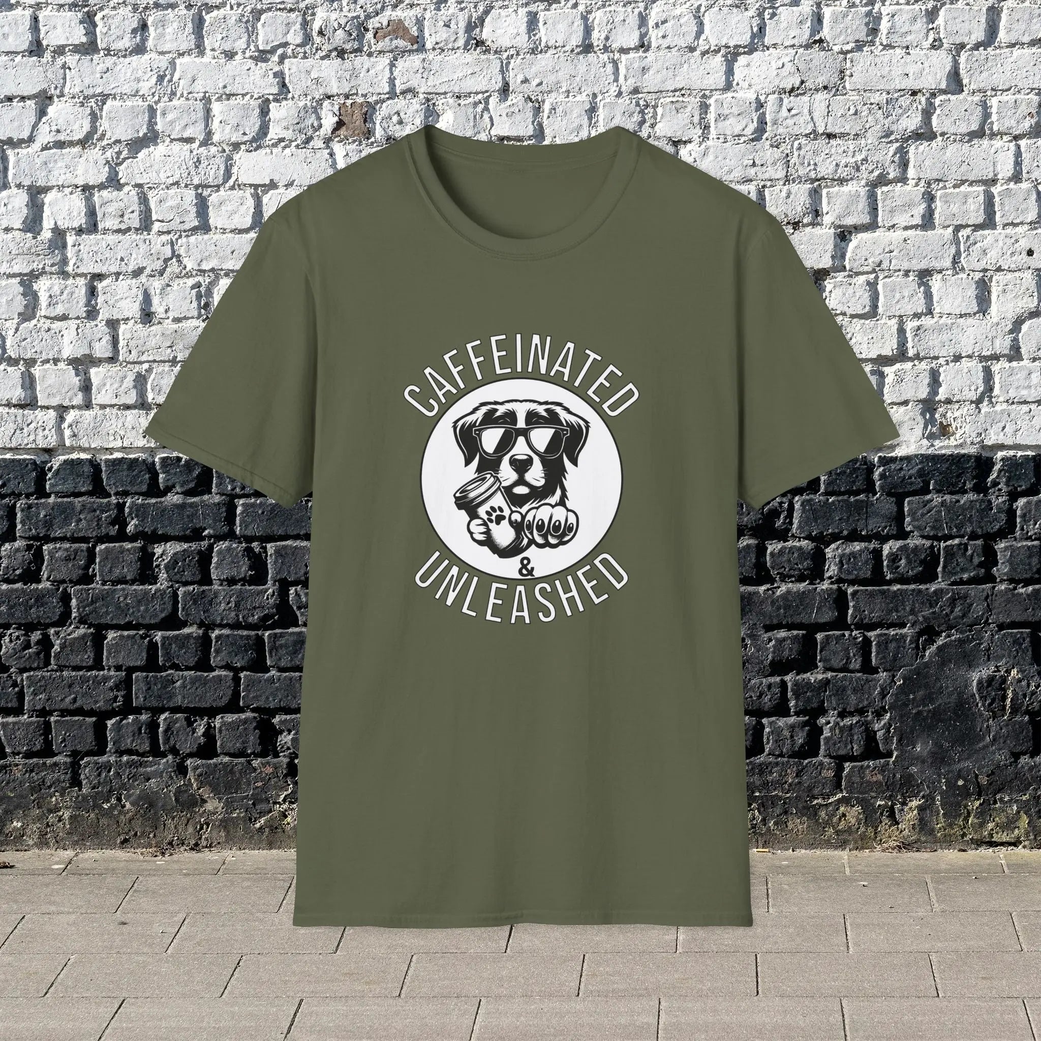 Caffeinated & Unleashed T-Shirt — Funny Coffee Lover Puppy Tee Printify