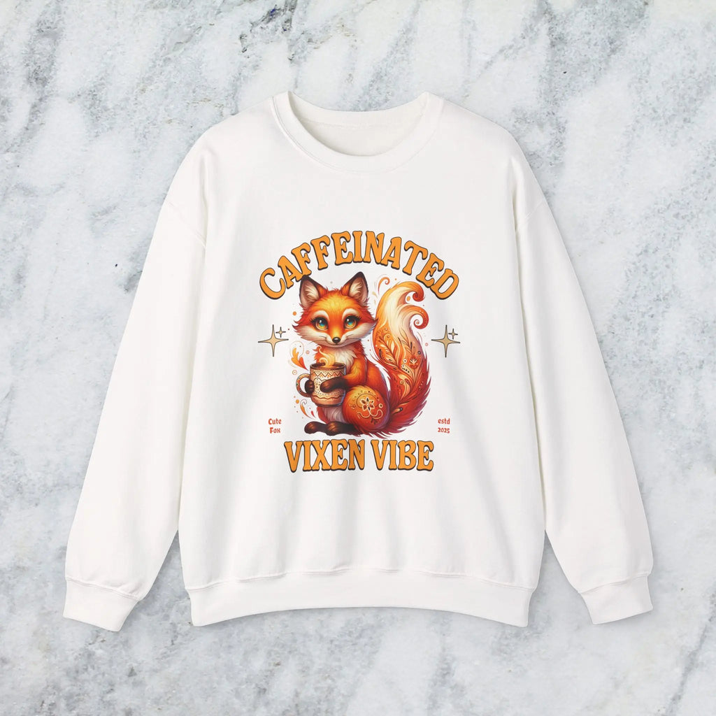 Caffeinated Vixen Vibe Sweatshirt, Cozy Unisex Crewneck for Coffee Lovers, Gift for Birthdays, Fall Fashion, Cute Animal Sweater Printify