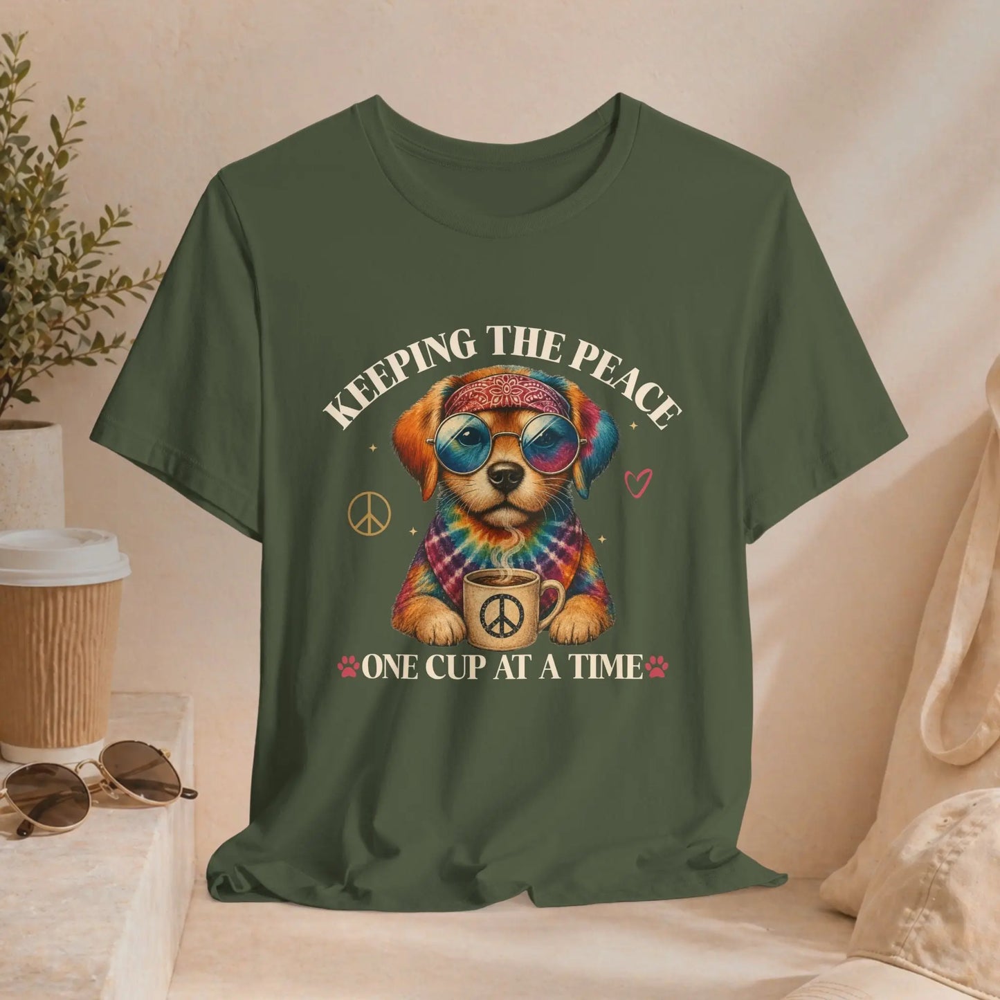 Keeping the Peace Puppy T‑Shirt — "One Cup at a Time" Coffee & Peace Dog Tee Printify