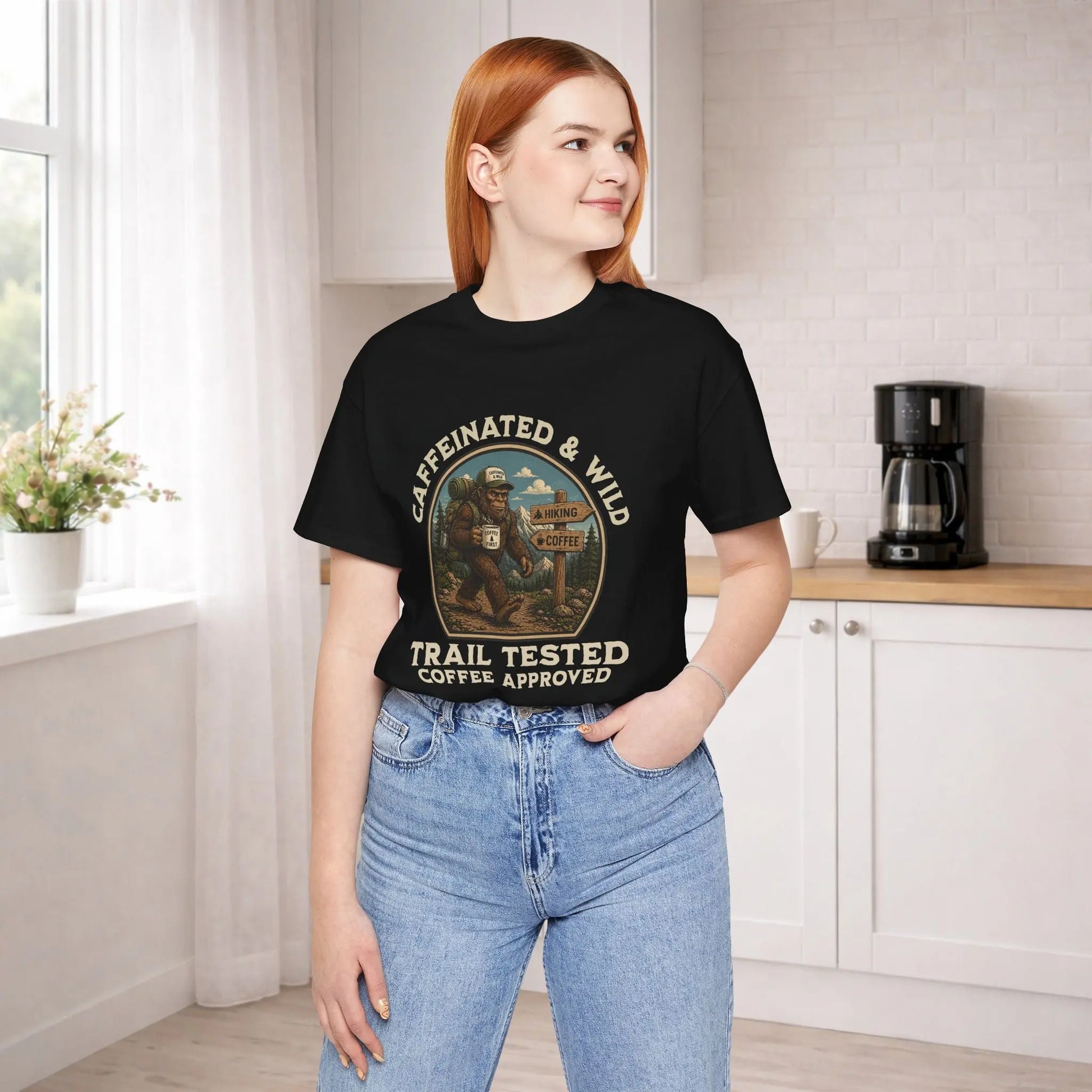 Caffeinated & Wild Tee — "Trail Tested Coffee Approved" Big Foot, Coffee, and Outdoor Hiking T-Shirt Printify