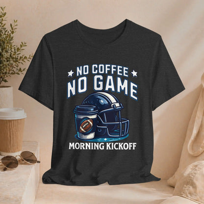 No Coffee No Game Football Tee — "Morning Kickoff" Helmet Graphic Shirt Printify