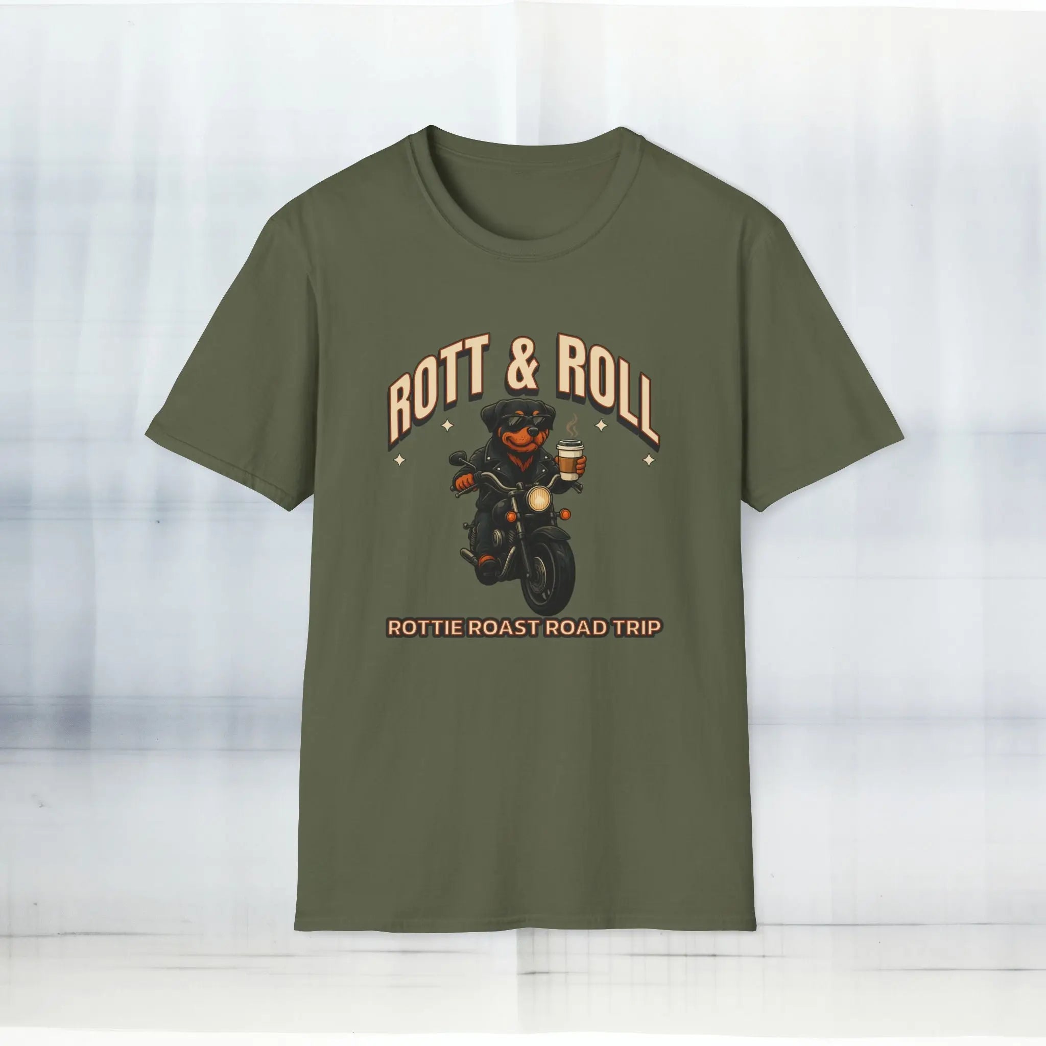 Rott & Roll T-Shirt — 'Rottie Roast Road Trip' Motorcycle Dog Graphic Tee Printify
