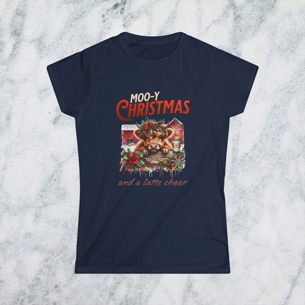 Mooy Christmas Tee - Cute Christmas Cow Latte Cheer Woman's T-Shirt Printify