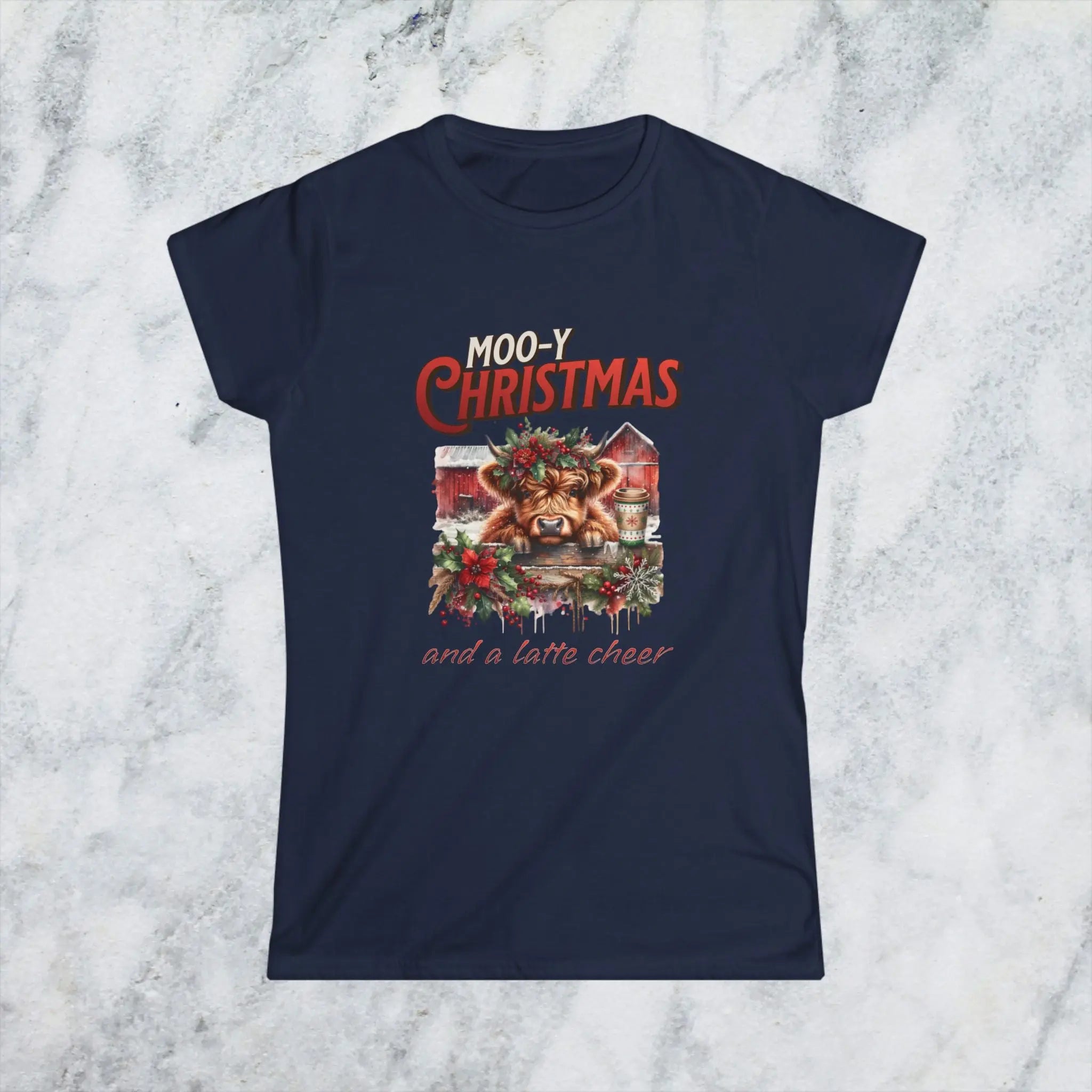 Mooy Christmas Tee - Cute Christmas Cow Latte Cheer Woman's T-Shirt Printify