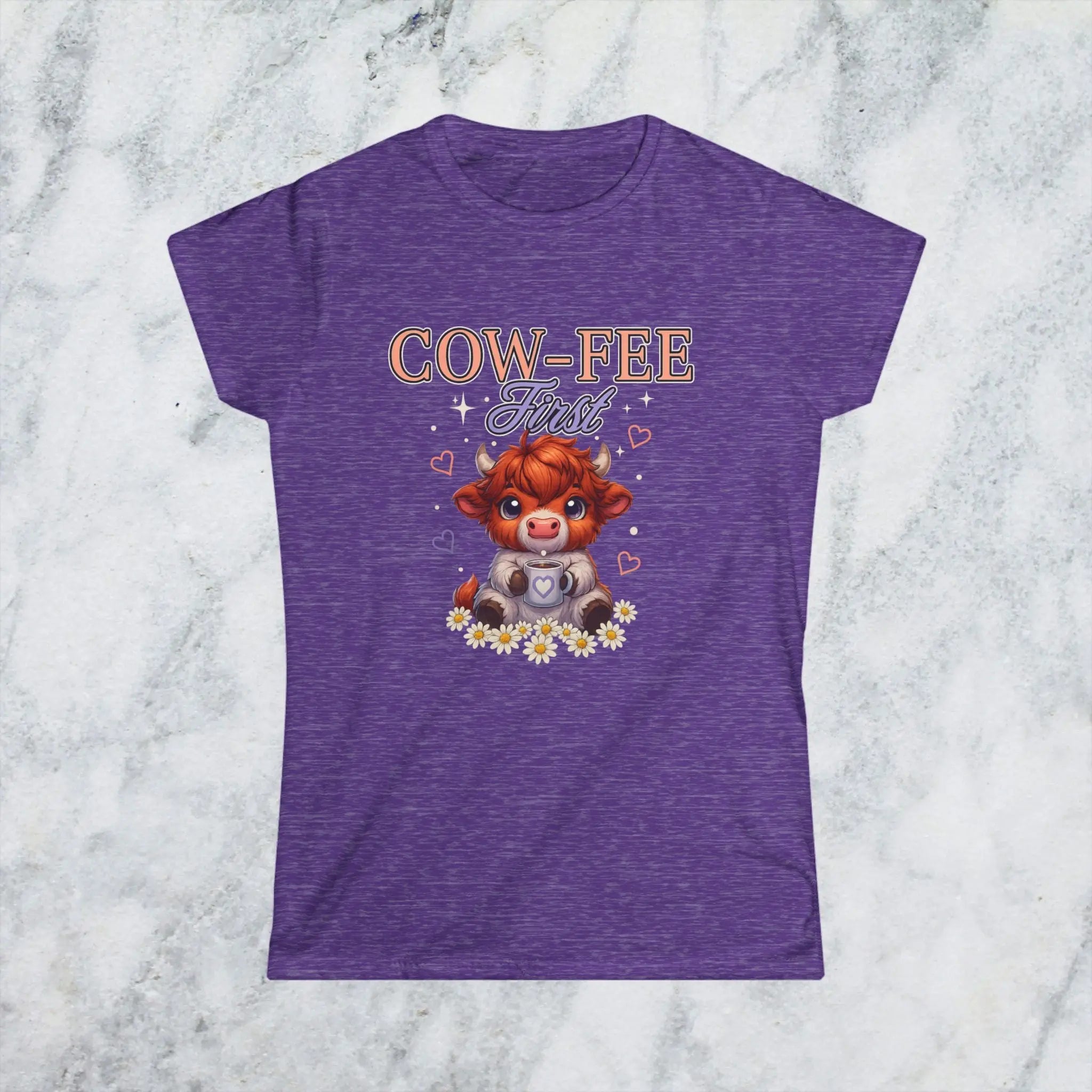 Cute Cow Coffee Tee — "Cow-fee First" Women's Softstyle T-Shirt Printify