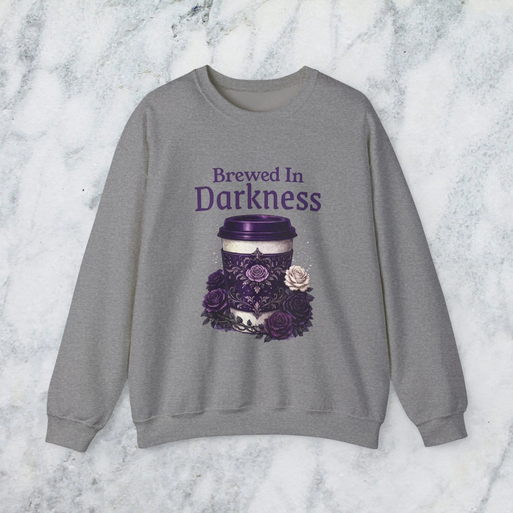 Brewed in Darkness Sweatshirt — Gothic Coffee Cup Graphic Printify