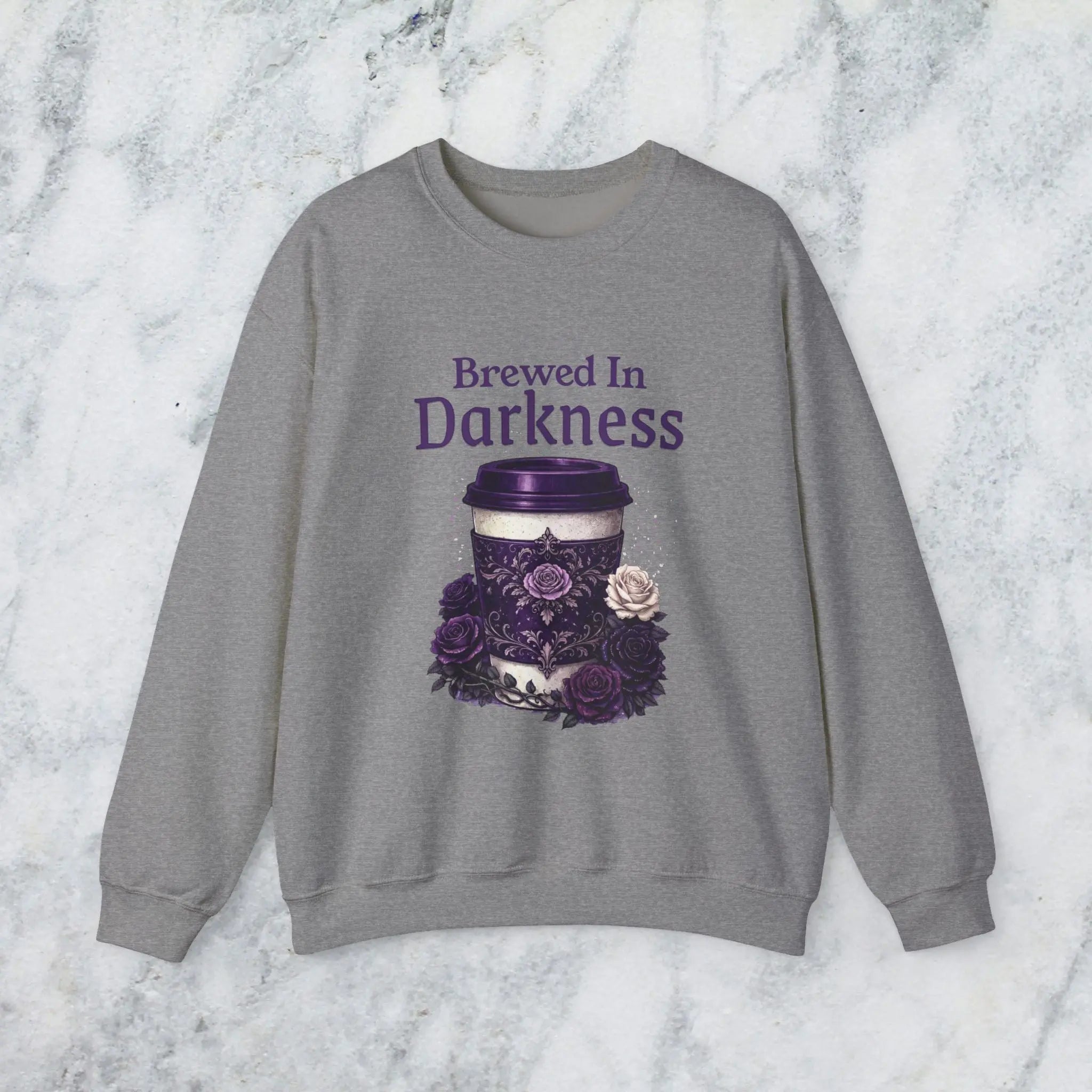 Brewed in Darkness Sweatshirt — Gothic Coffee Cup Graphic Printify